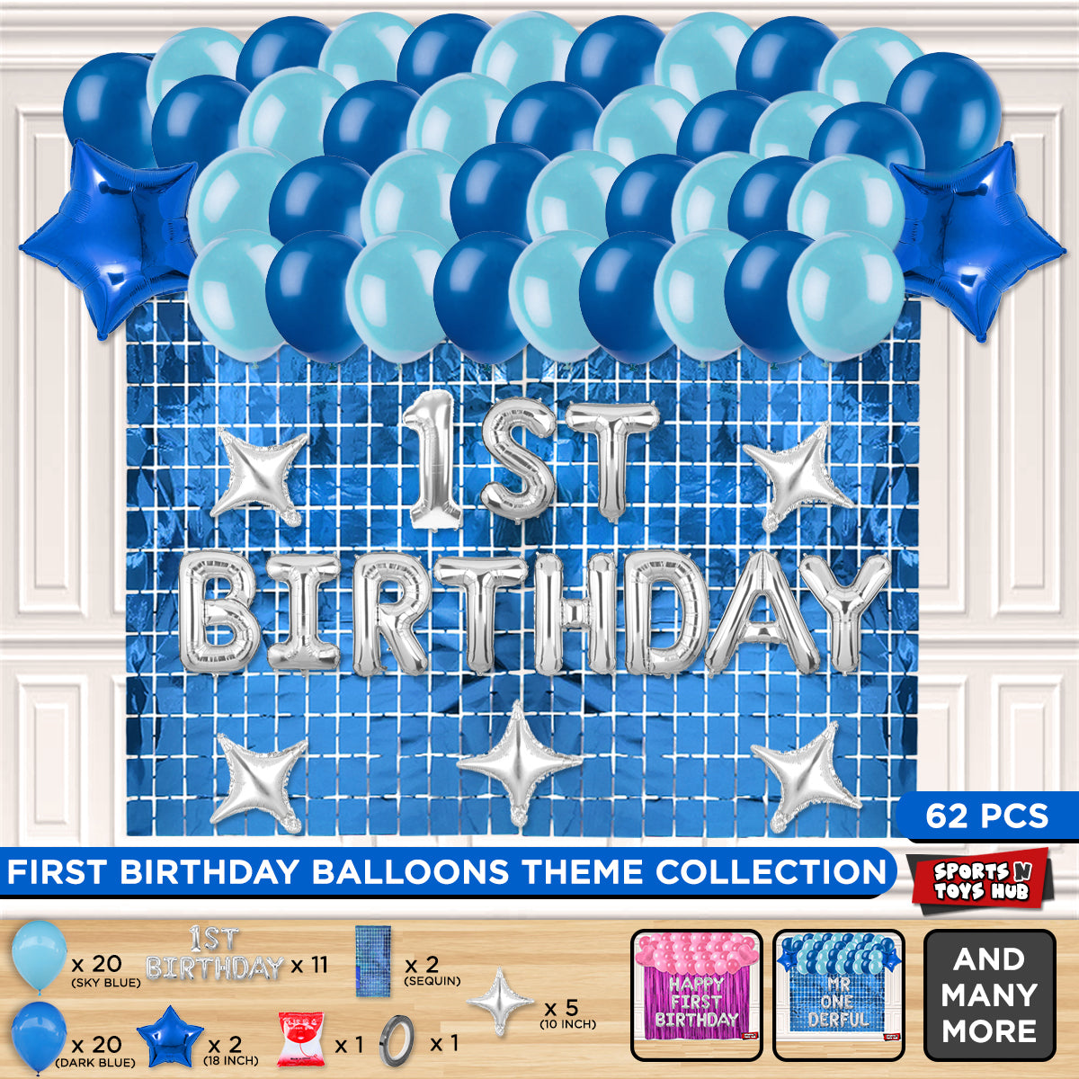1st Birthday Foil Letter Theme With Rectangle Curtain - Blue