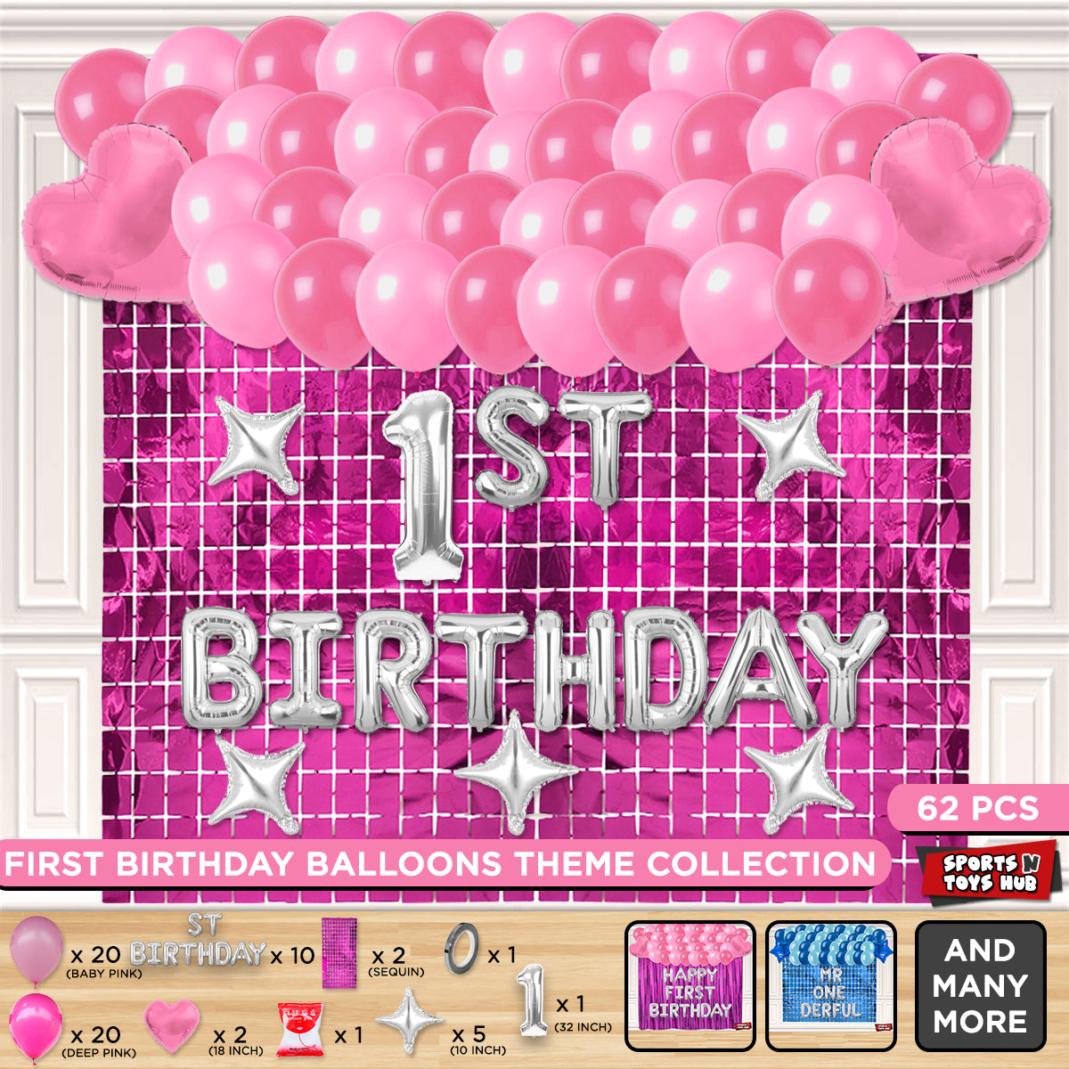 1ST Birthday Foil Letter Theme With Rectangle Curtain - Pink