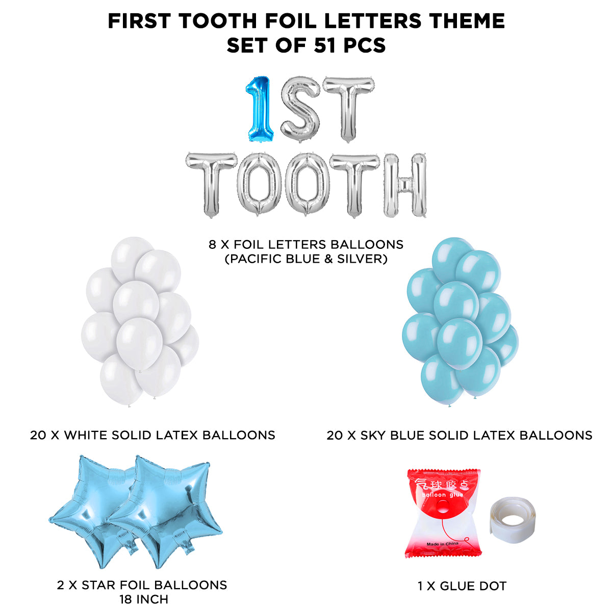 1st Tooth Foil Letters Theme Without Curtain - Blue