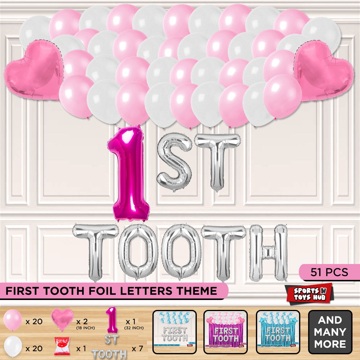 1st Tooth Foil Letters Theme Without Curtain - Pink
