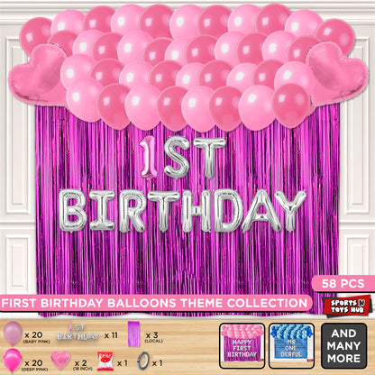 1st Birthday Foil Letter Theme With Curtain - Pink