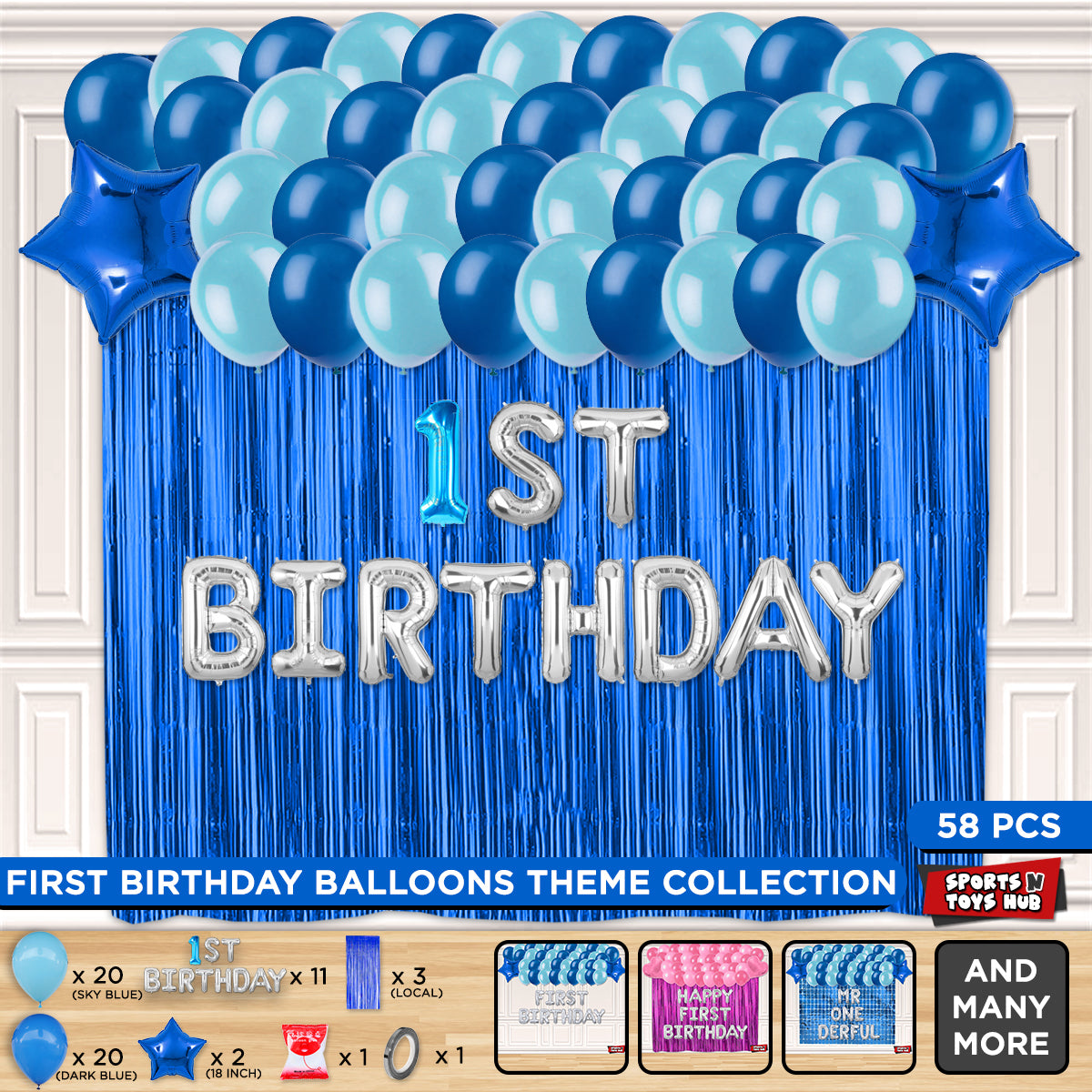 1st Birthday Foil Letter Theme With Curtain - Blue
