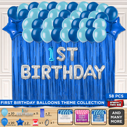 1st Birthday Foil Letter Theme With Curtain - Blue