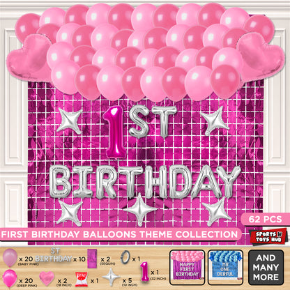 1ST Birthday Foil Letter Theme With Rectangle Curtain - Pink