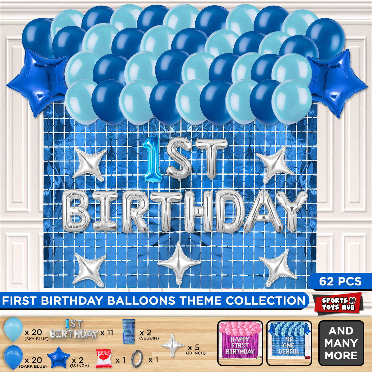 1st Birthday Foil Letter Theme With Rectangle Curtain - Blue