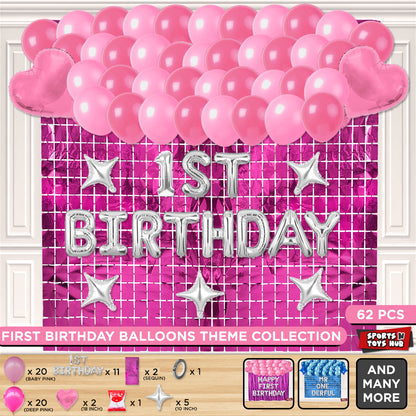 1st Birthday Foil Letter Theme With Rectangle Curtain - Pink