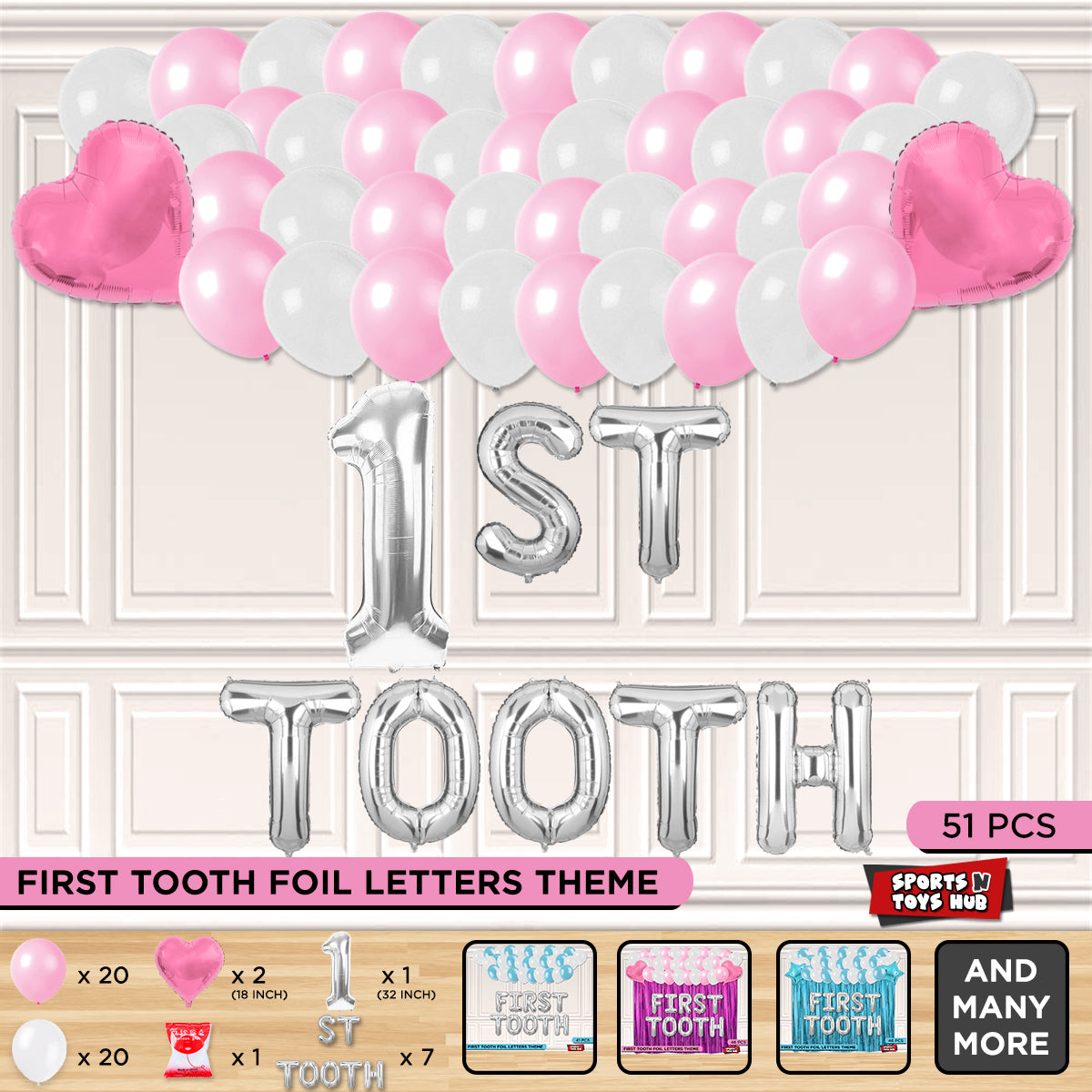 1st Tooth Foil Letters Theme Without Curtain - Pink