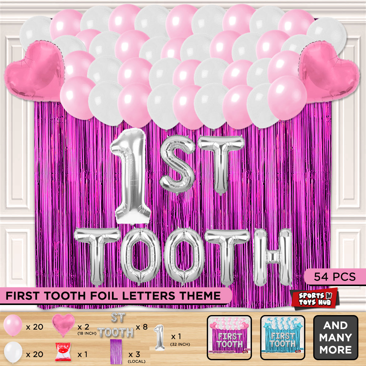 1st Tooth Foil Letters Theme With Curtain - Pink