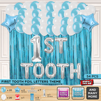 1st Tooth Foil Letters Theme With Curtain - Blue