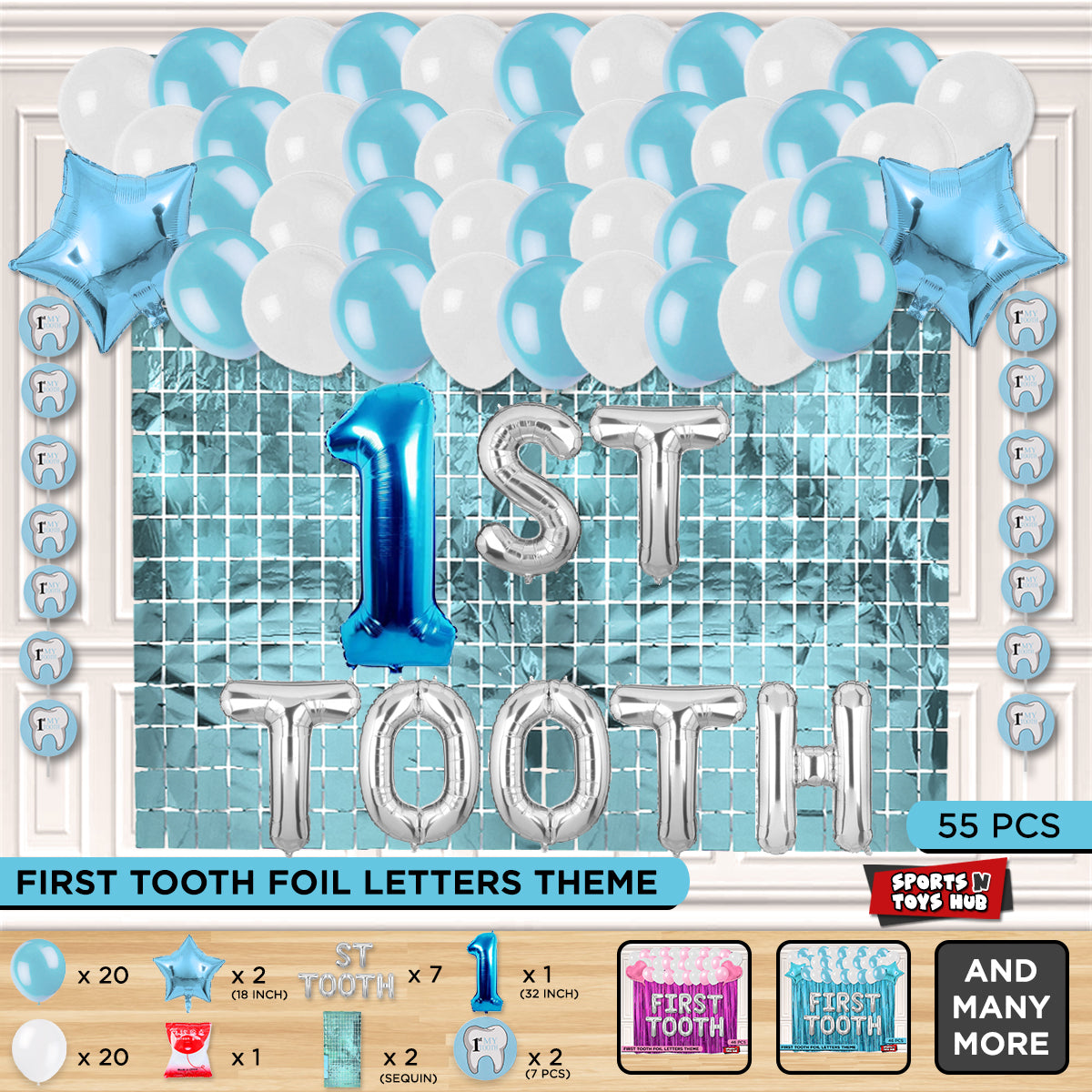 1st Tooth Foil Letters Theme With Rectangle Curtain
