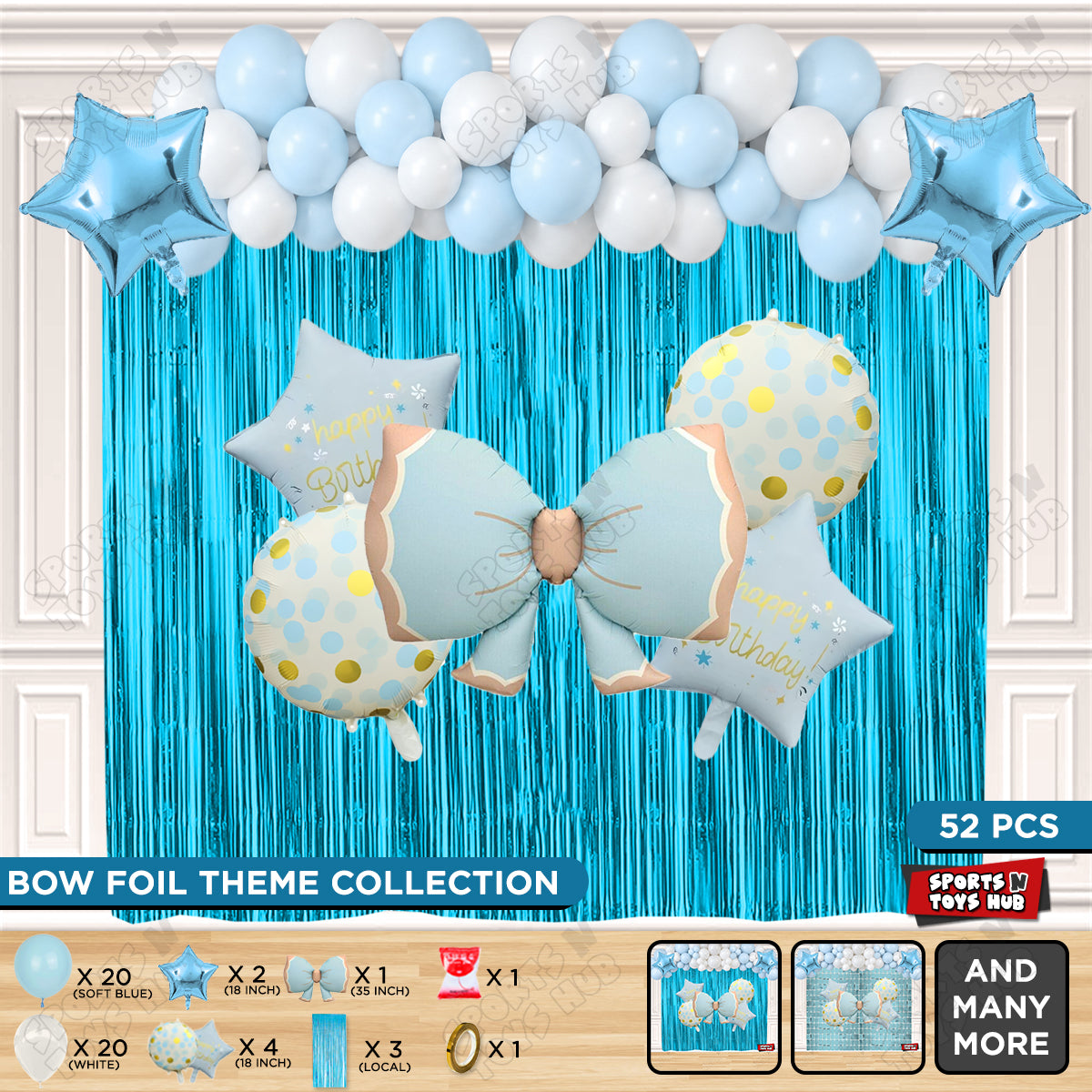 Matte Blue Color Bow Foil Balloon Theme Decoration Set