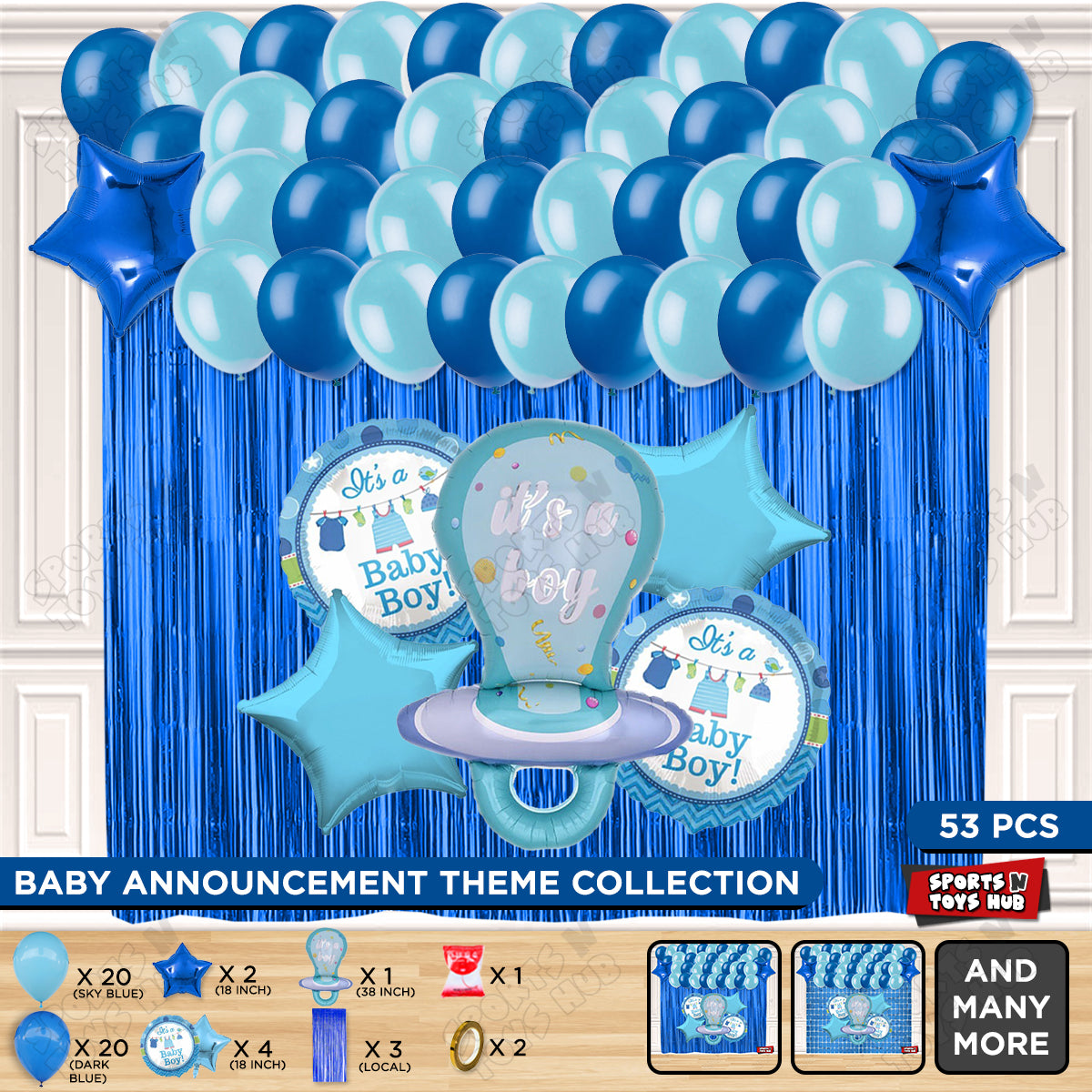 Baby Boy Pacifier Foil Balloon Set Curtain Theme - Pack Of 53
