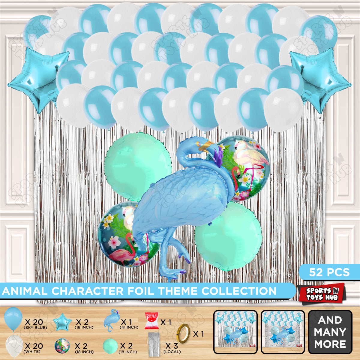Flamingo Bird Blue Color Foil Balloon Set Theme