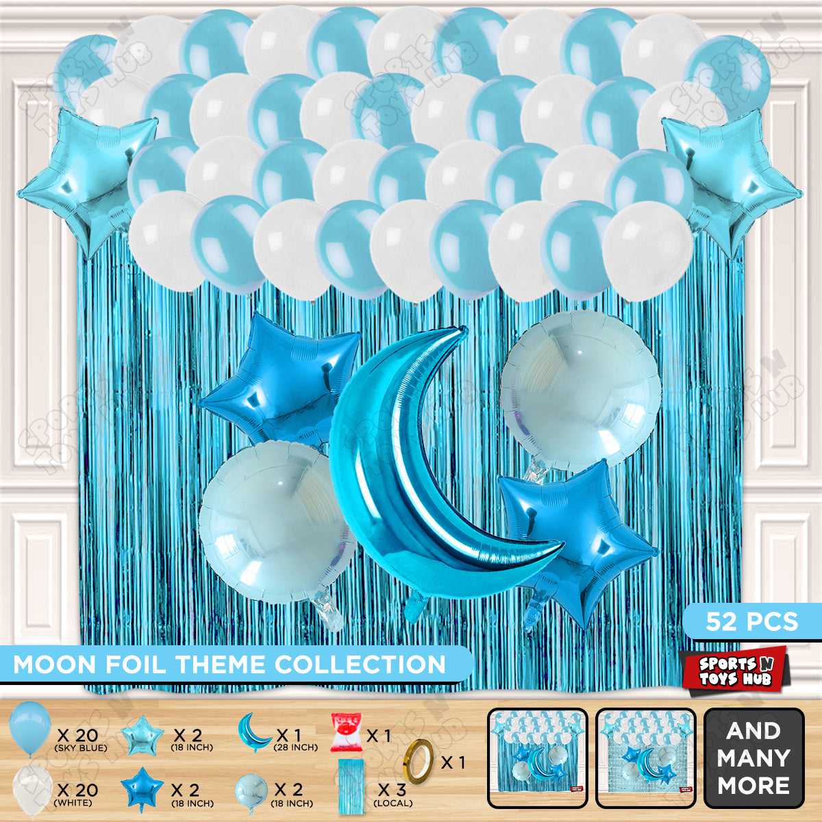 Crescent Moon Pacific Blue Color Foil Balloon Party Decoration Set