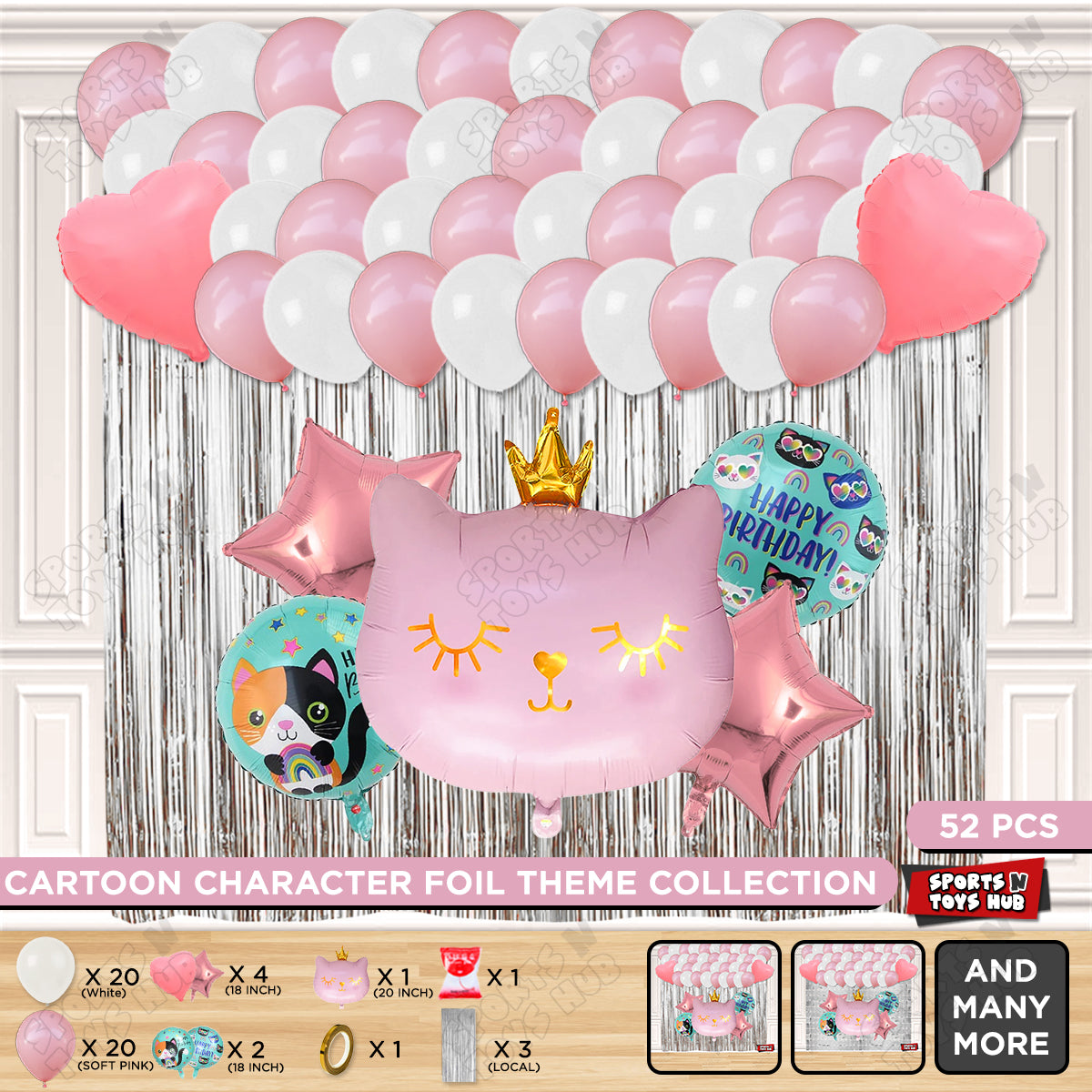 Cartoon Crown Pink Kitten Cat Foil Balloon Set Theme