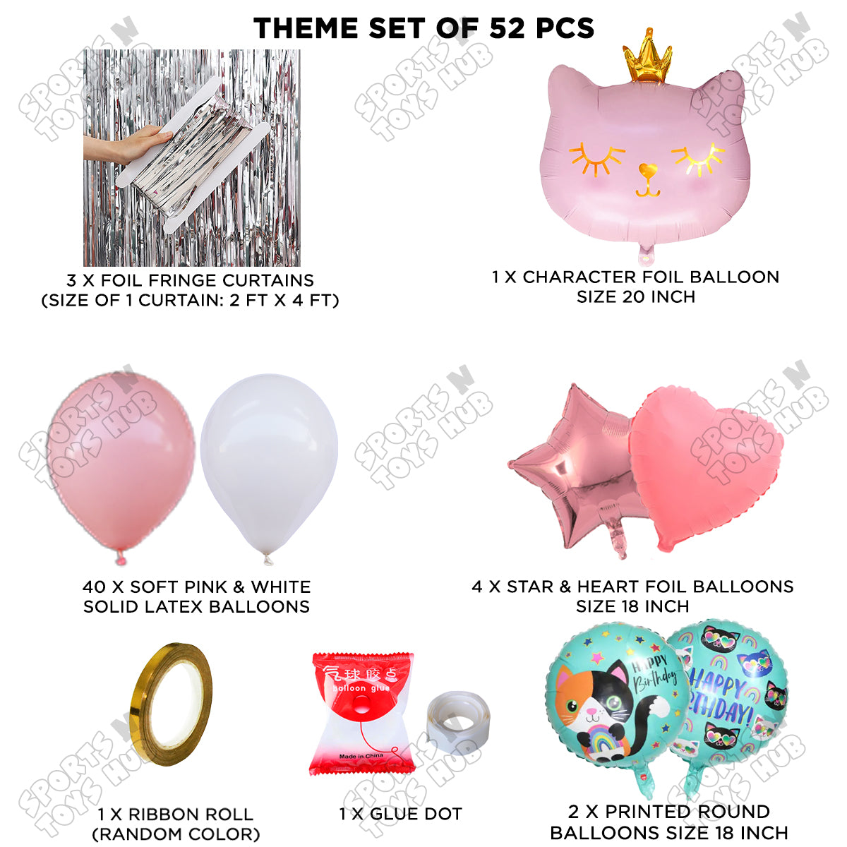 Cartoon Crown Pink Kitten Cat Foil Balloon Set Theme