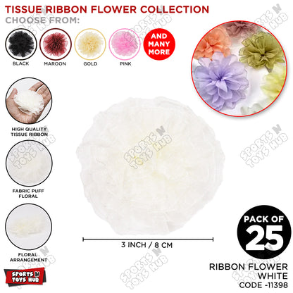 3 Inch - Tissue Ribbon Puff Flowers – Pack of 25 Decorative Fabric Flowers