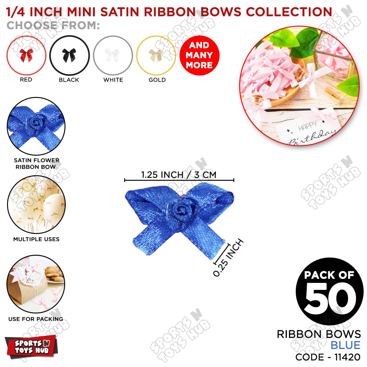 1/4-Inch Satin Ribbon Bows – For Gift Wrapping & Decor - Pack of 50
