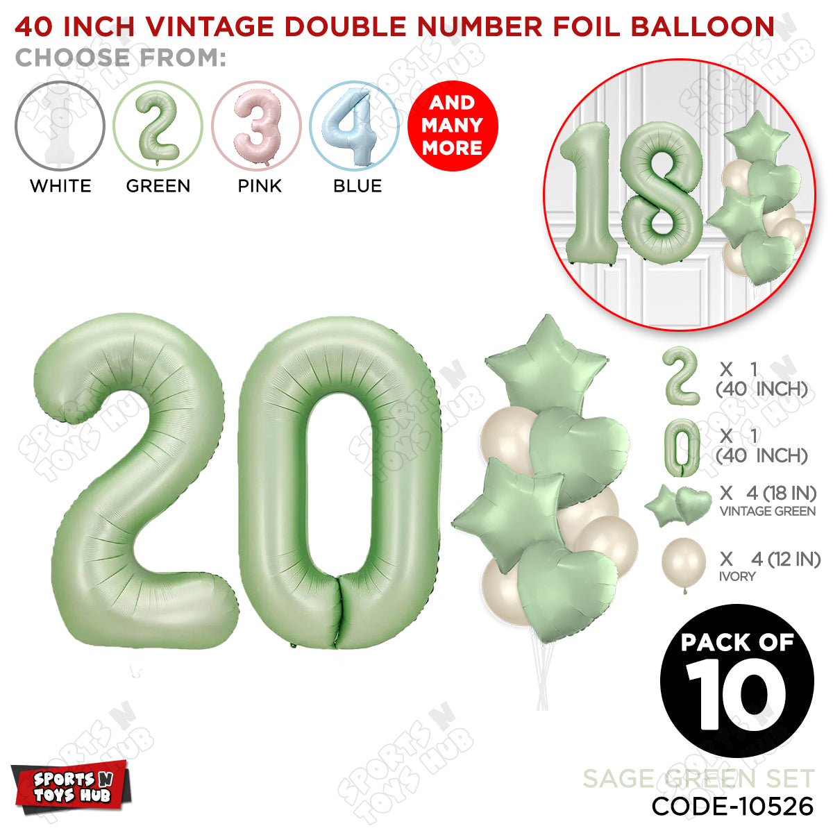 Sage Green Color 40 Inch Number Foil Balloon Set