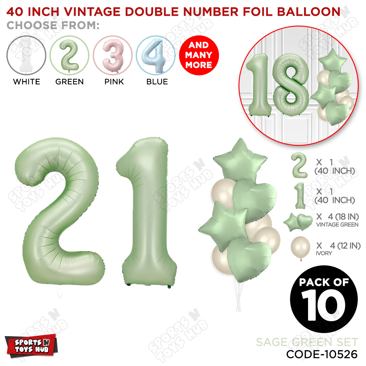 Sage Green Color 40 Inch Number Foil Balloon Set