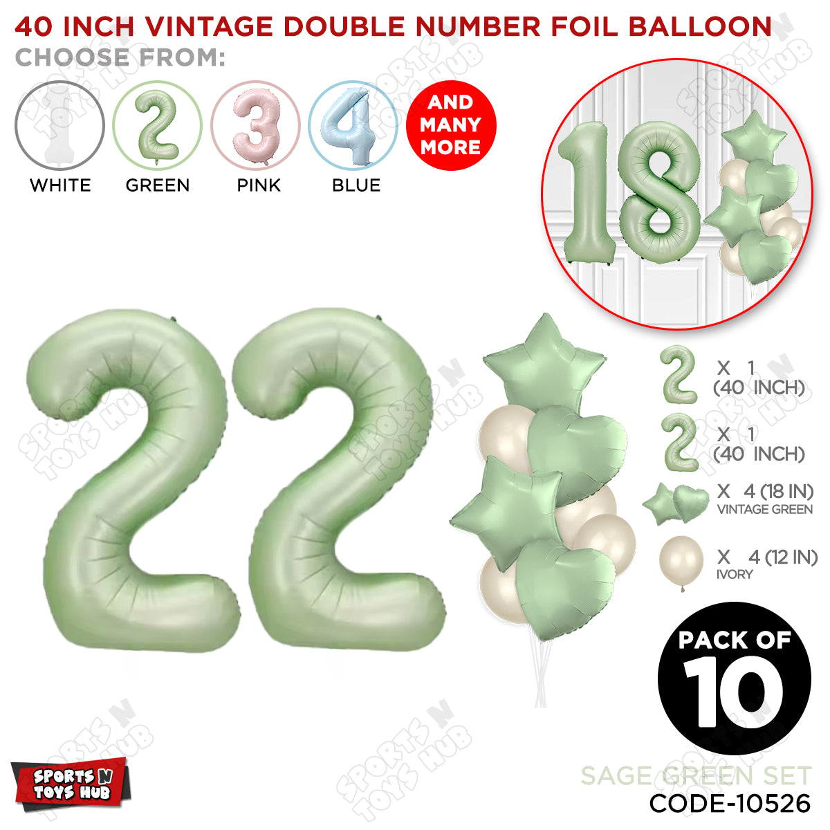Sage Green Color 40 Inch Number Foil Balloon Set
