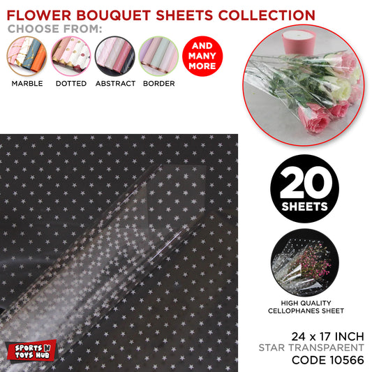 White Stars Printed Clear Transparent OPP Cellophane Sheets - Pack of 20