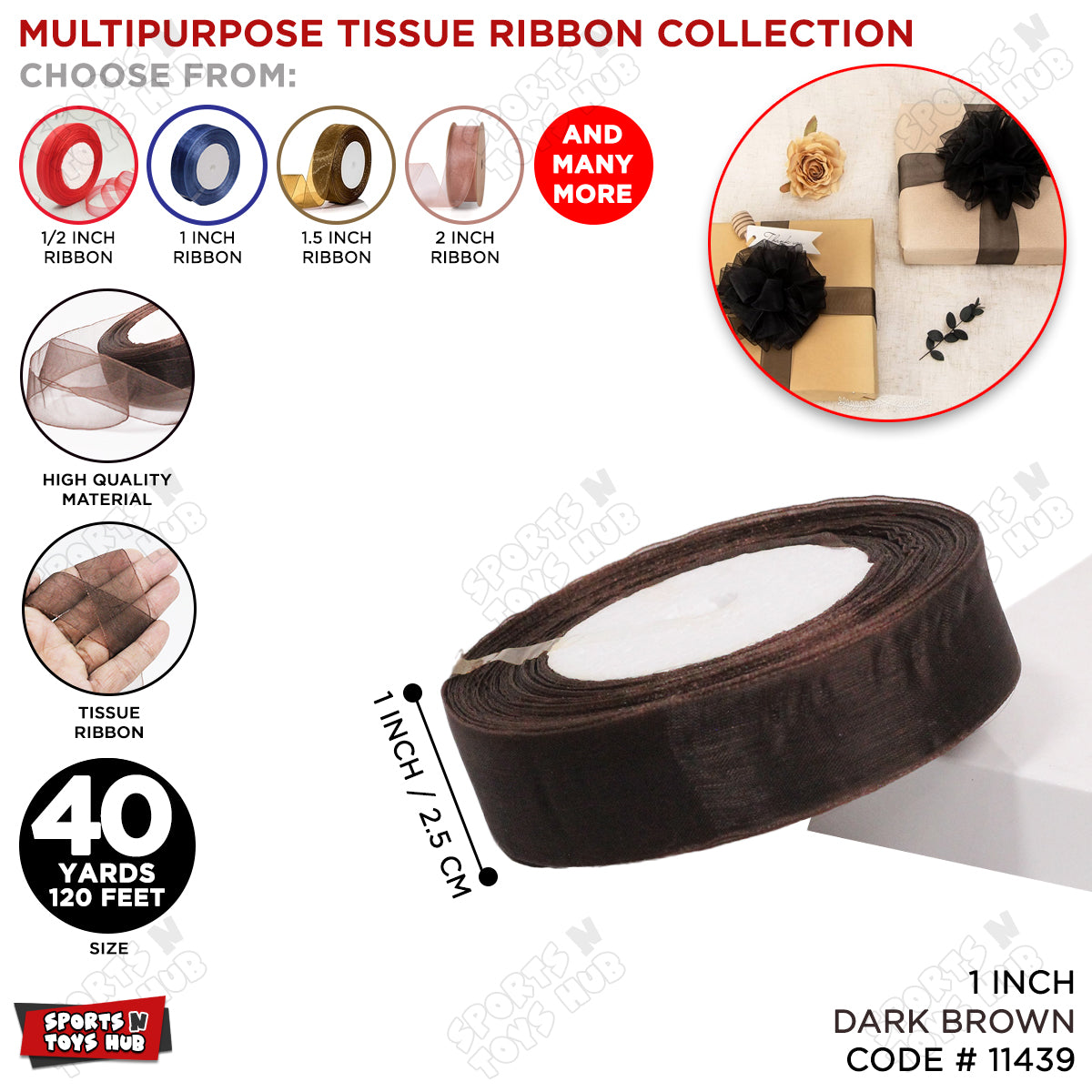 1 Inch x 40 Yards – Multipurpose Tissue Ribbon Roll for Gift Wrapping, Crafts & Decorations