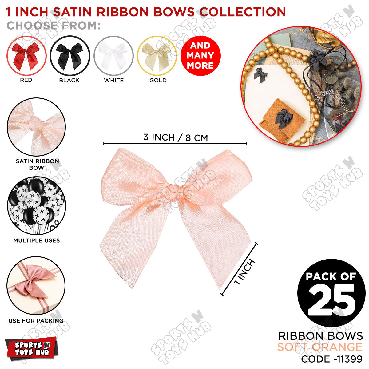 3-Inch Satin Ribbon Bows – For Gift Wrapping & Decor - Pack of 25
