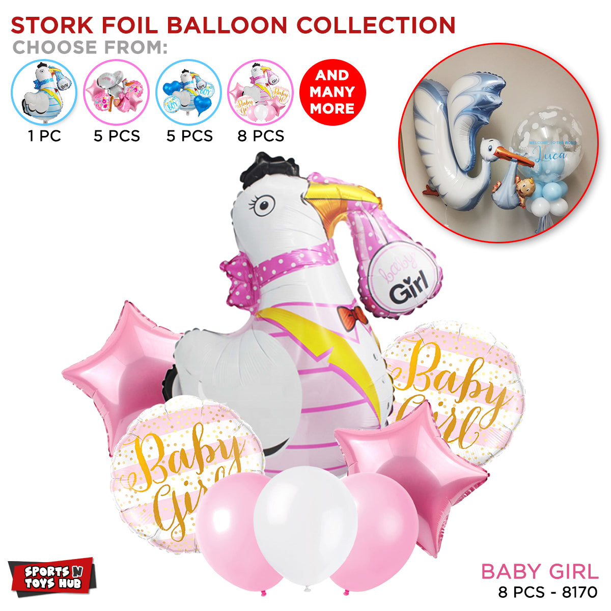 Stork Pack Of 8 Foil Balloon Set - Pink