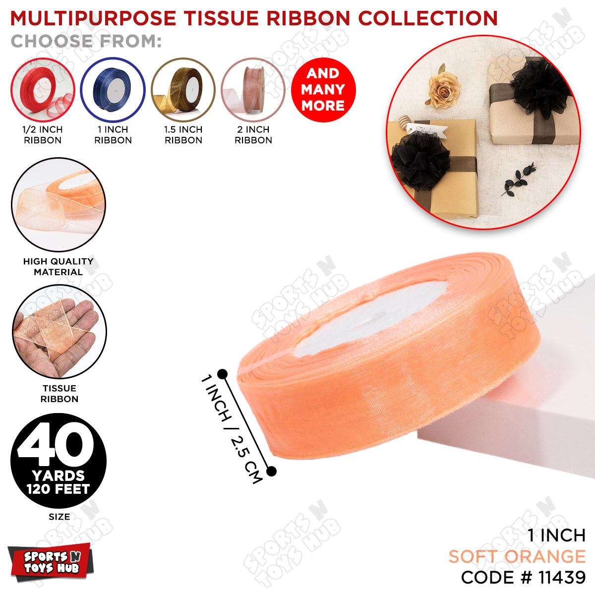 1 Inch x 40 Yards – Multipurpose Tissue Ribbon Roll for Gift Wrapping, Crafts & Decorations