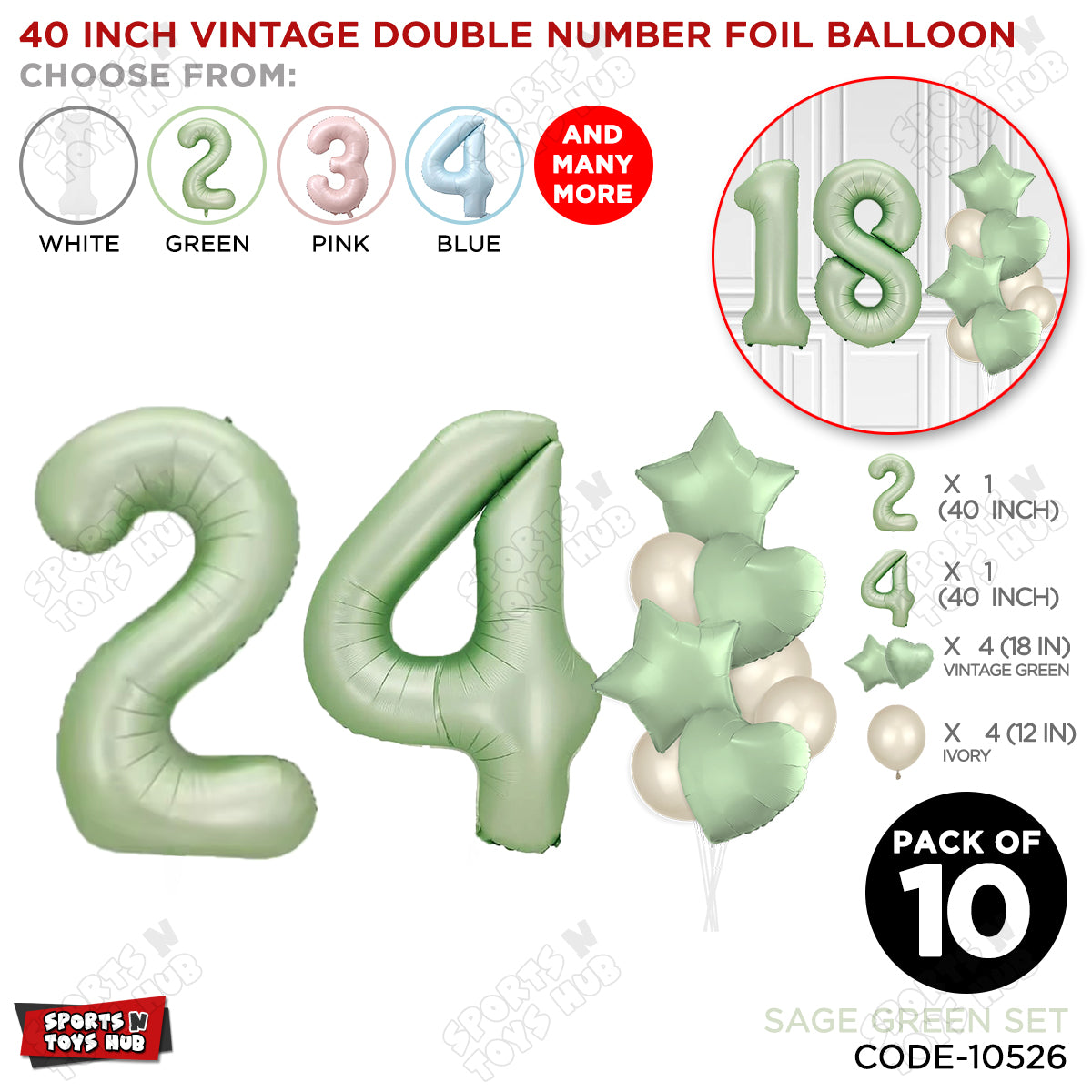 Sage Green Color 40 Inch Number Foil Balloon Set