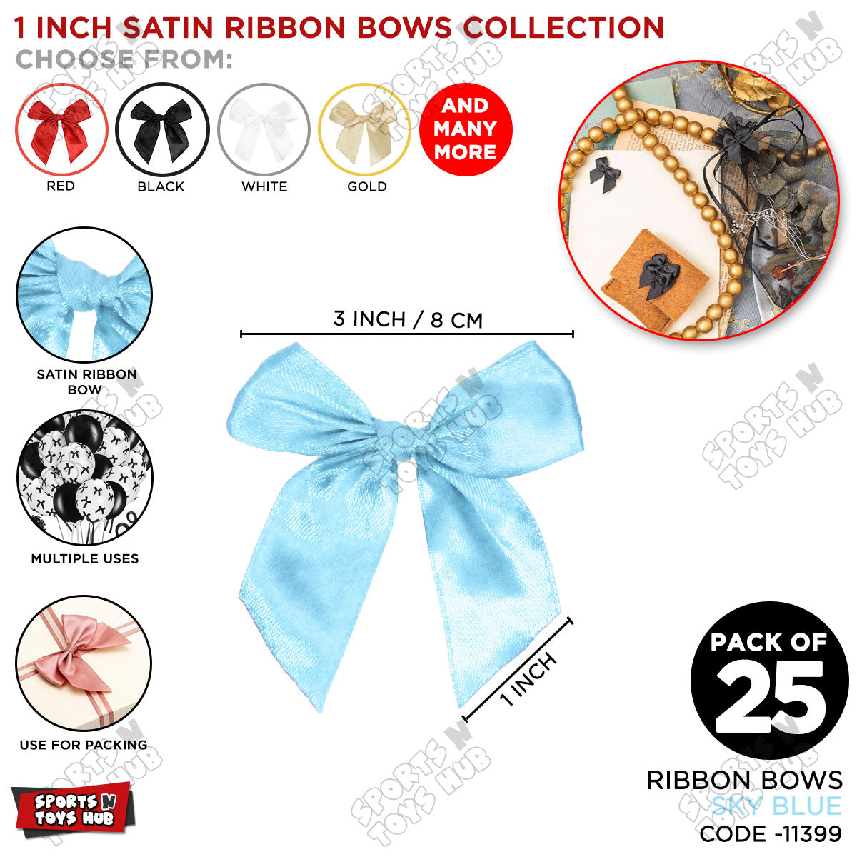 3-Inch Satin Ribbon Bows – For Gift Wrapping & Decor - Pack of 25