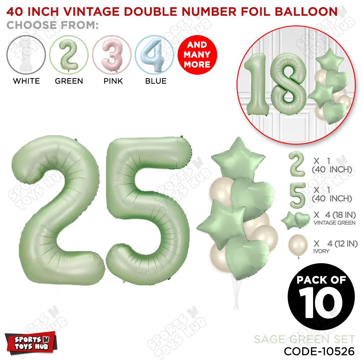 Sage Green Color 40 Inch Number Foil Balloon Set
