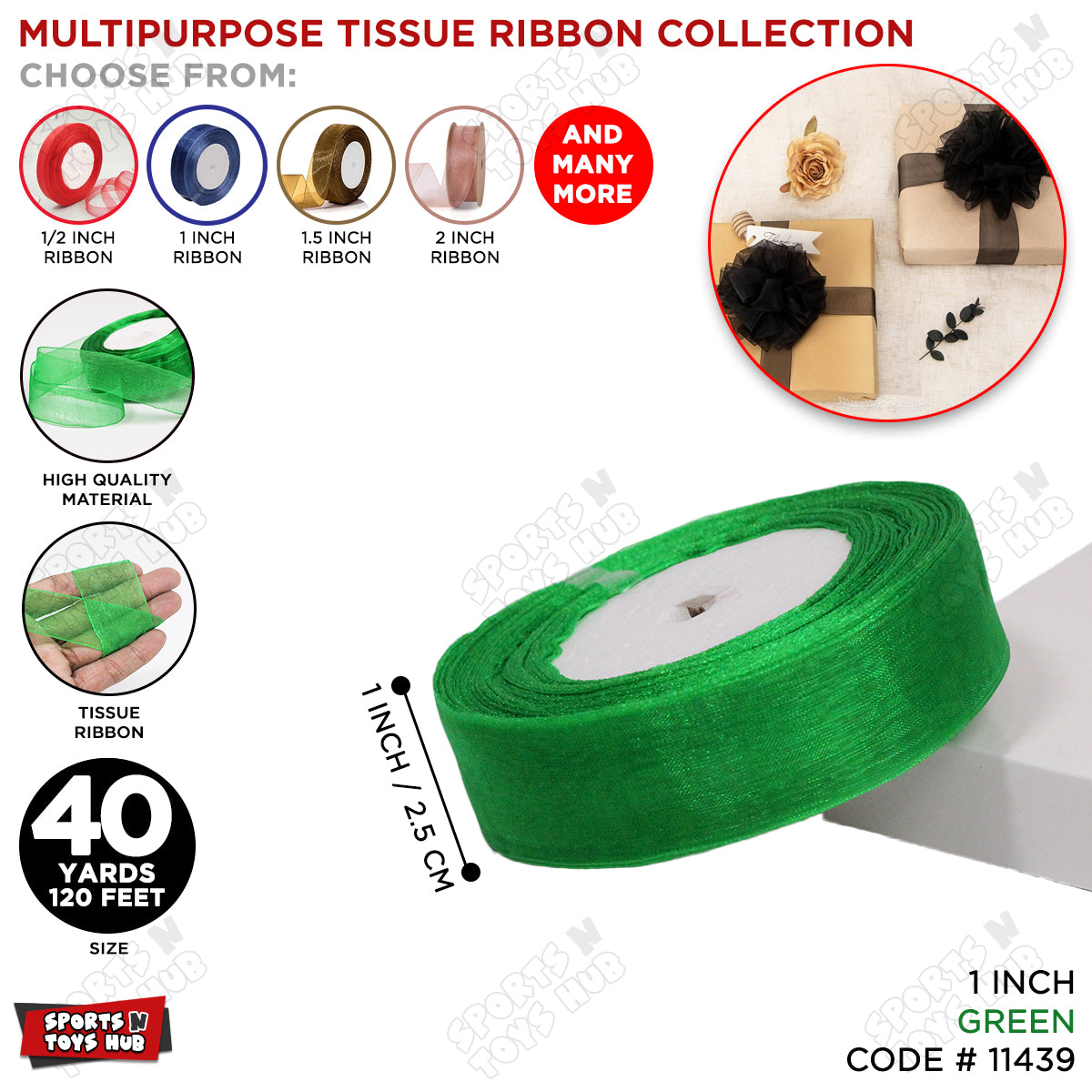 1 Inch x 40 Yards – Multipurpose Tissue Ribbon Roll for Gift Wrapping, Crafts & Decorations