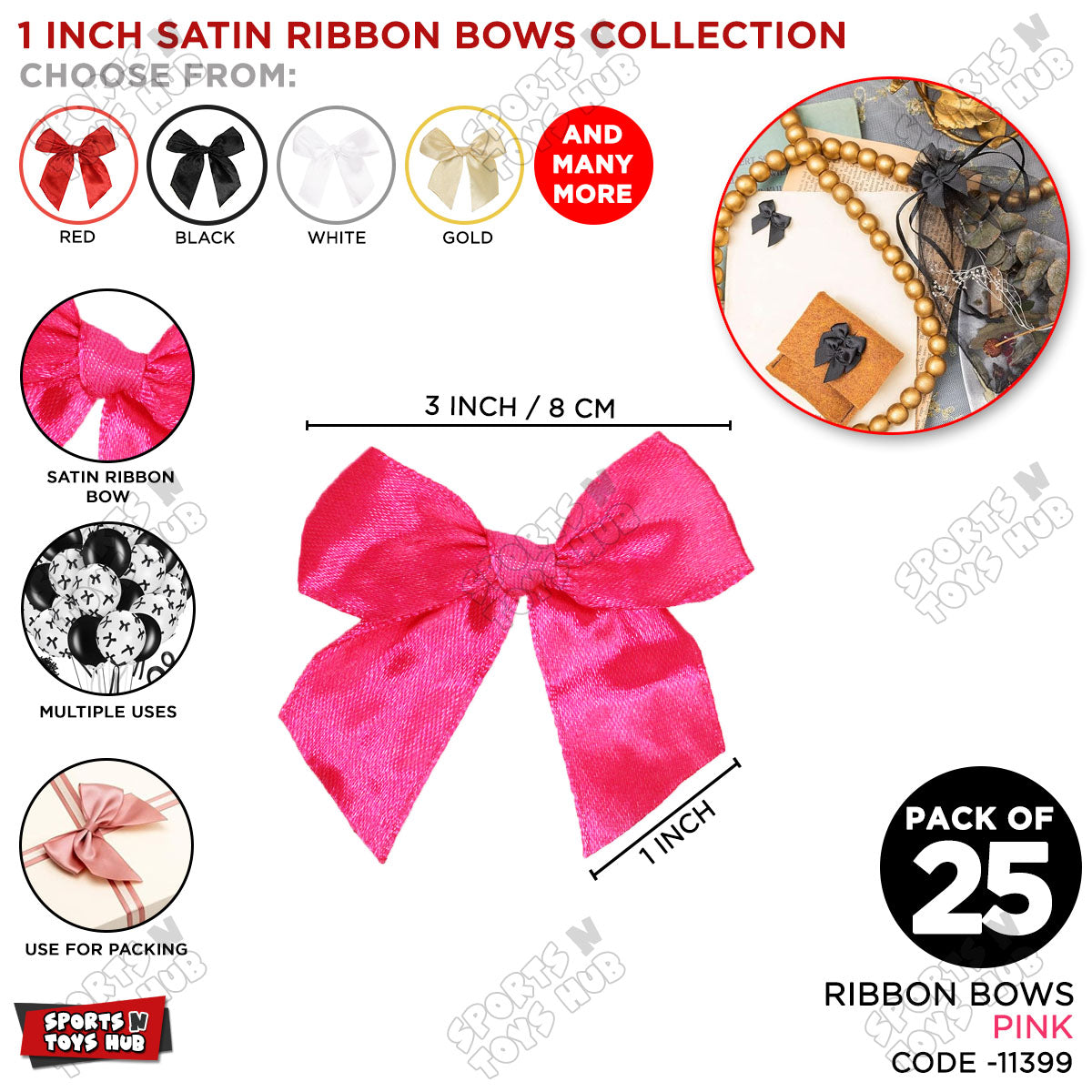 3-Inch Satin Ribbon Bows – For Gift Wrapping & Decor - Pack of 25