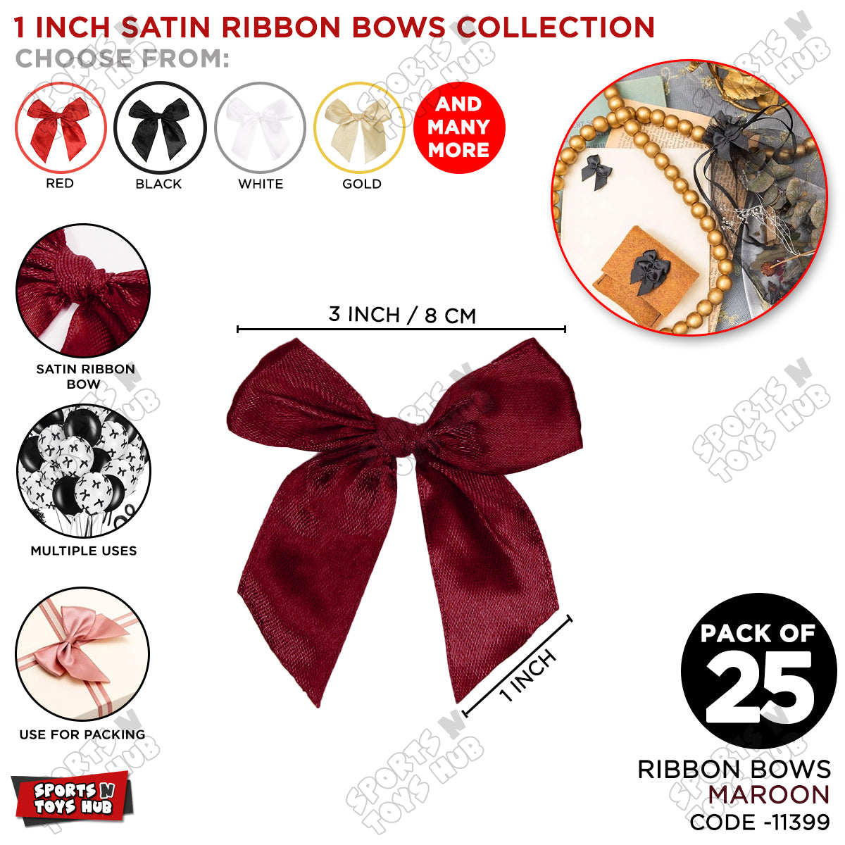 3-Inch Satin Ribbon Bows – For Gift Wrapping & Decor - Pack of 25