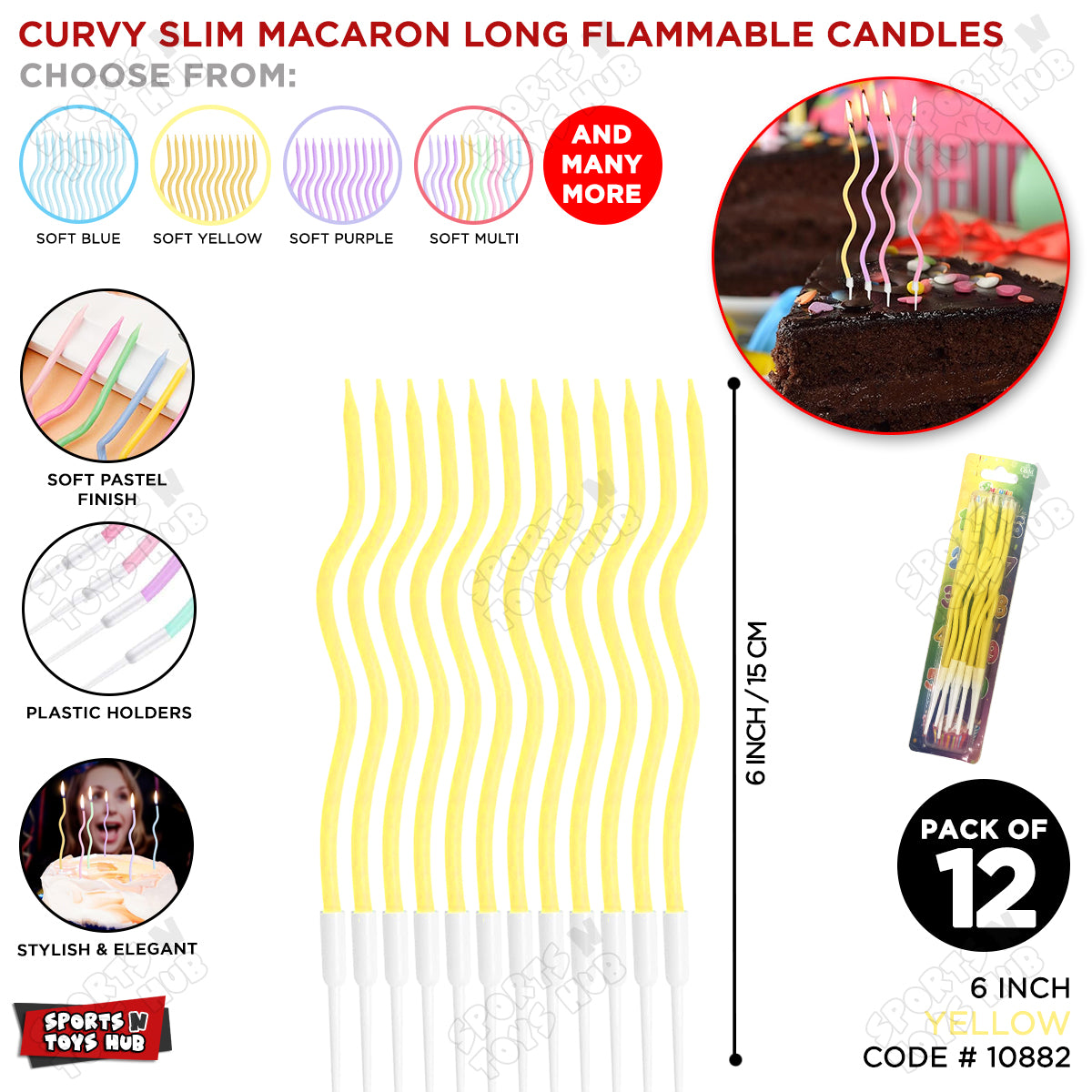 Curvy Macaron Slim Long Flammable Candles - Pack Of 12