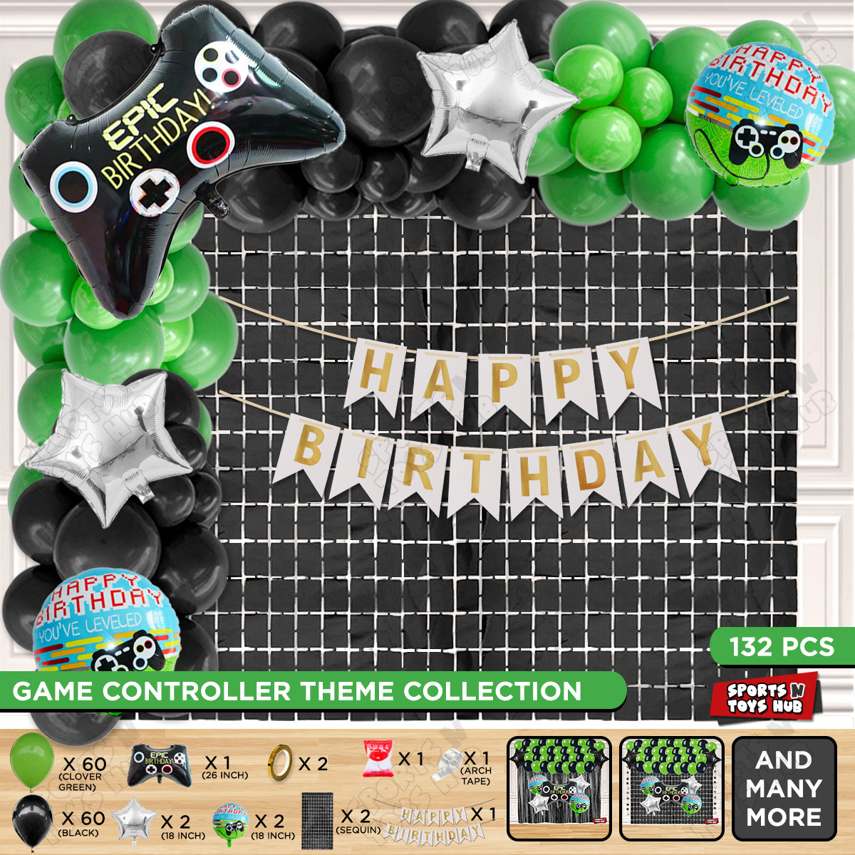 Game Controller Foil Balloon Set With HBD Card Banner Arch Theme - Green & Black
