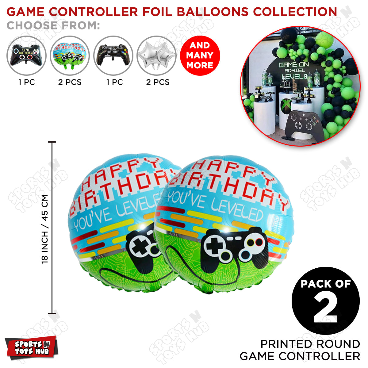 Printed Game Controller Shape Round Foil Balloon - Pack Of 2