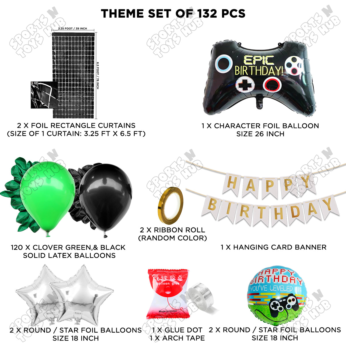 Game Controller Foil Balloon Set With HBD Card Banner Arch Theme - Green & Black