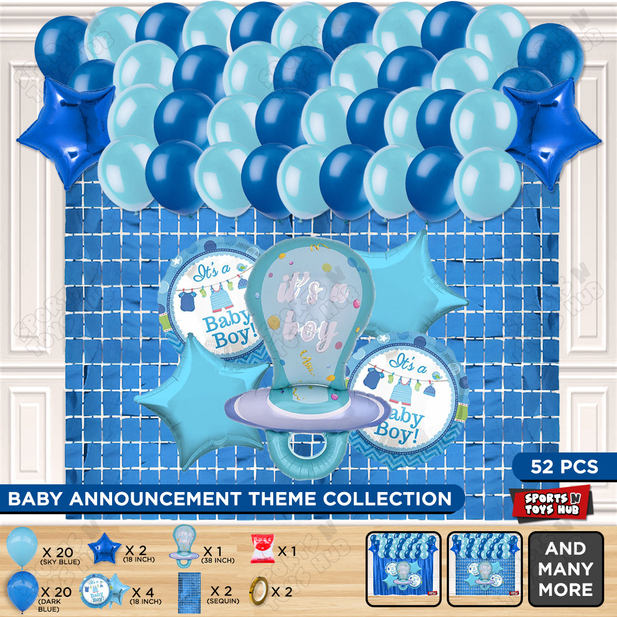 Baby Boy Pacifier Foil Balloon Set Rectangle Curtain Theme - Pack Of 52