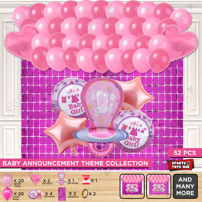 Baby Girl Pacifier Pink Foil Balloon Set Rectangle Curtain Theme - Pack Of 52