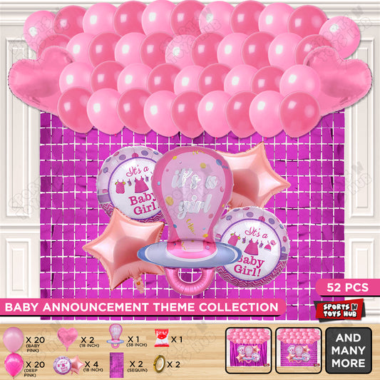 Baby Girl Pacifier Pink Foil Balloon Set Rectangle Curtain Theme - Pack Of 52