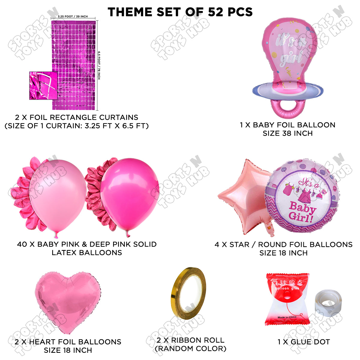 Baby Girl Pacifier Pink Foil Balloon Set Rectangle Curtain Theme - Pack Of 52