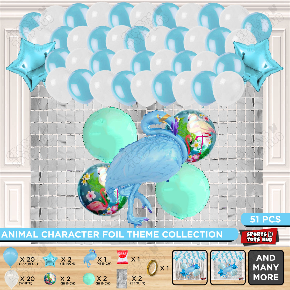 Flamingo Bird Blue Color Foil Balloon Set Theme