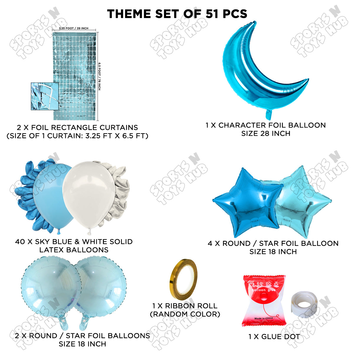 Crescent Moon Pacific Blue Color Foil Balloon Party Decoration Set