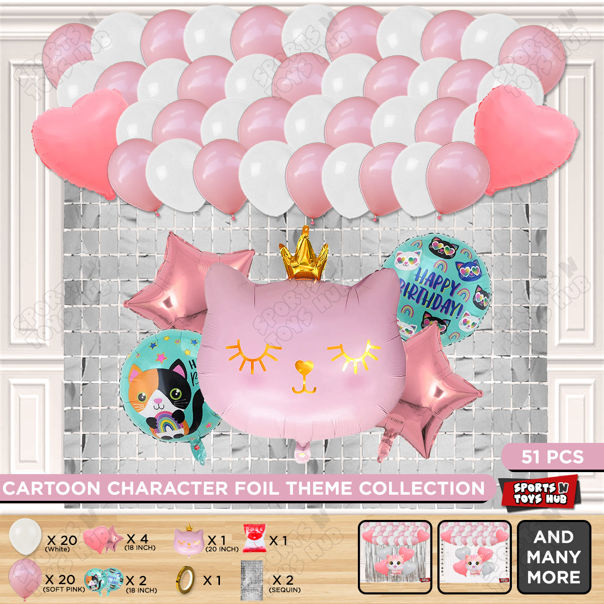 Cartoon Crown Pink Kitten Cat Foil Balloon Set Theme
