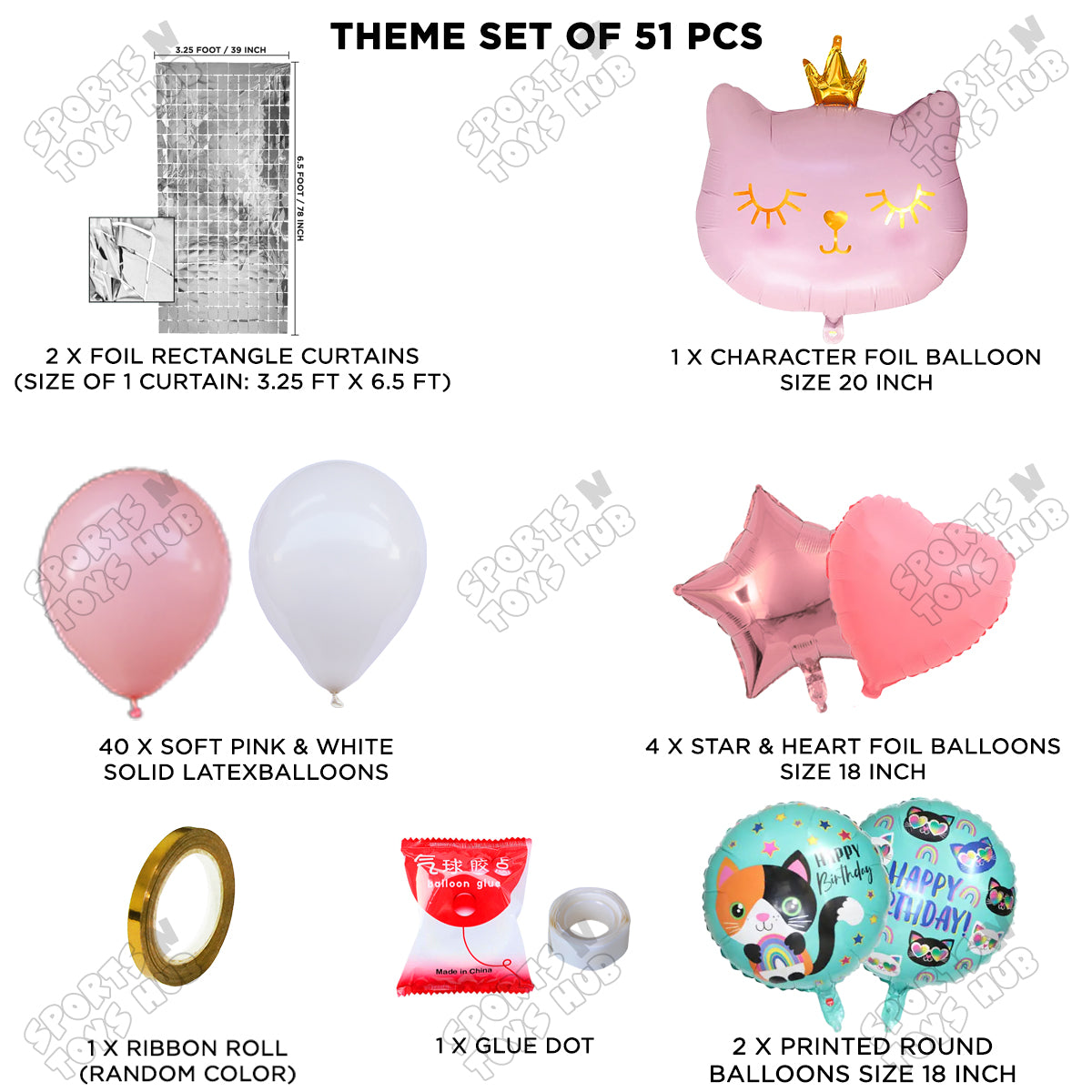 Cartoon Crown Pink Kitten Cat Foil Balloon Set Theme