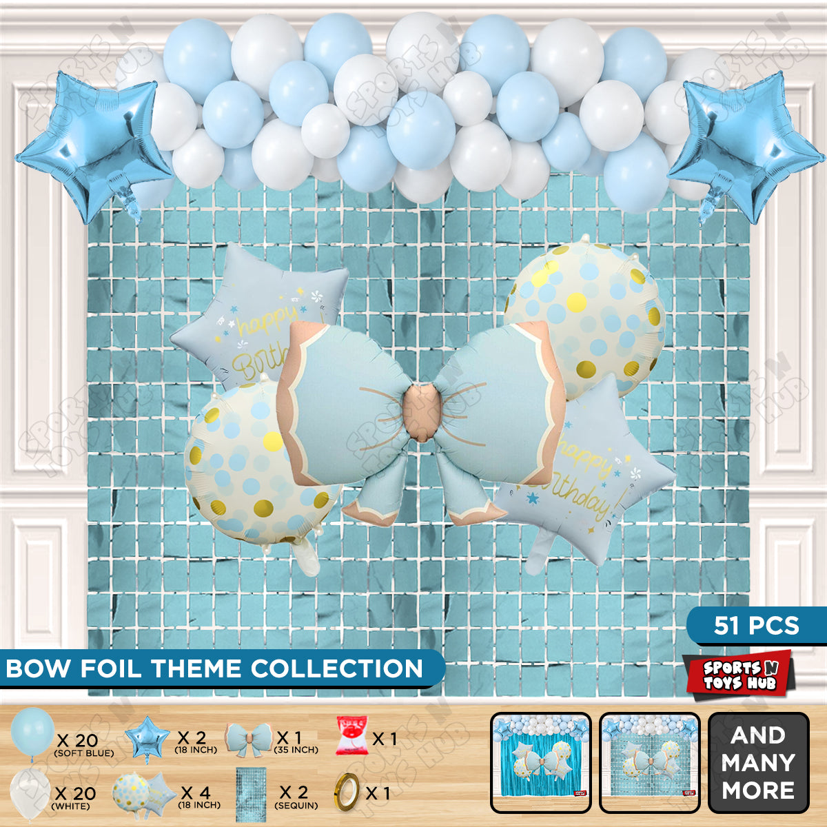 Matte Blue Color Bow Foil Balloon Theme Decoration Set