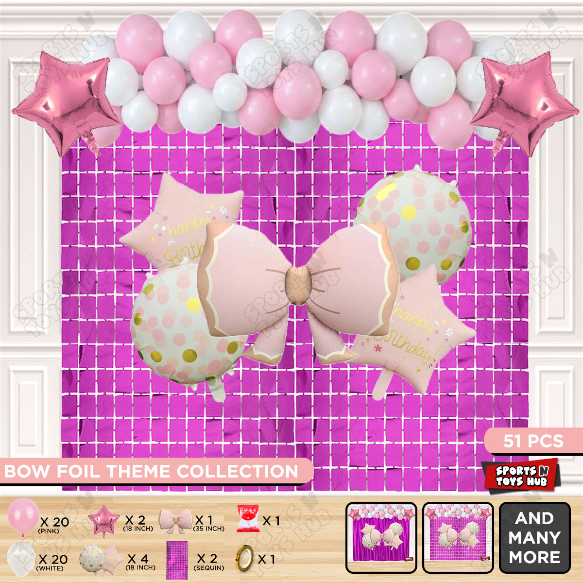 Matte Pink Color Bow Foil Balloon Theme Decoration Set